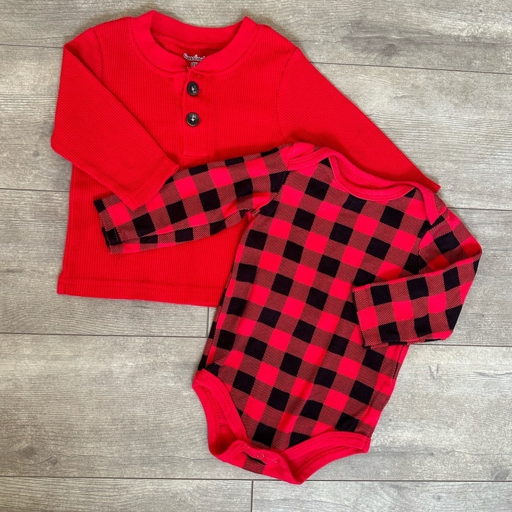Baby boy red plaid shirt and thermal shirt size 12 months